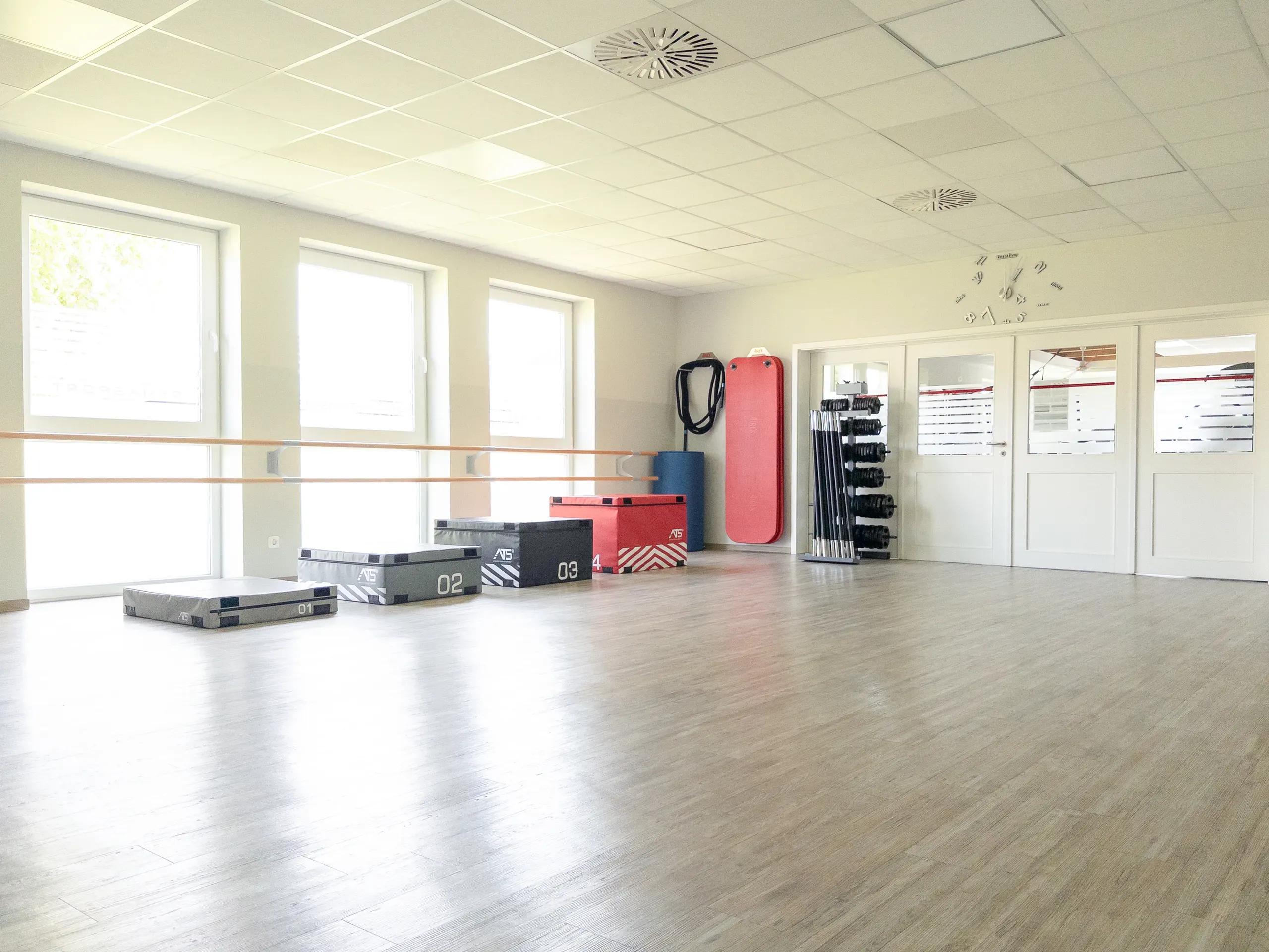 Fitnessraum mit Plyoboxen, Hanteln und Trainingsgeräten